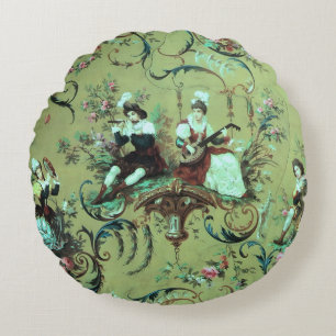 Vintage French Sage Green Toile Victorian Floral Round Pillow