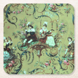 Vintage French Sage Green Toile Victorian Floral Square Paper Coaster