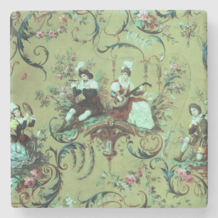 Vintage French Sage Green Toile Victorian Floral Stone Coaster