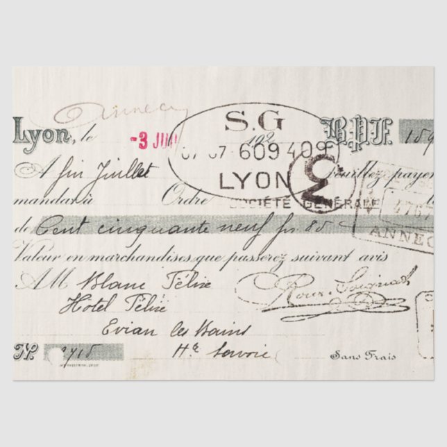 Vintage French Script Lyon Invoice Decoupage  Tissue Paper (Front)