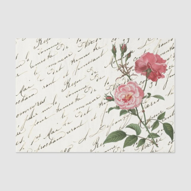 Vintage French Script Pink Roses Tissue Paper (Front)