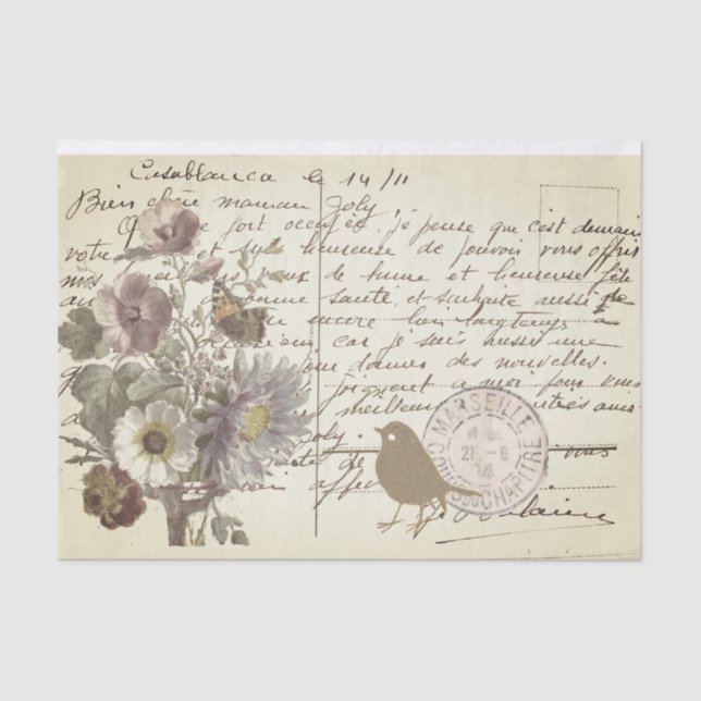 Vintage French Script Postcard with Flowers Tissue Paper (Front)