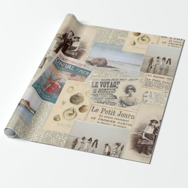 Vintage French Seaside Children Collage Wrapping Paper (Unrolled)