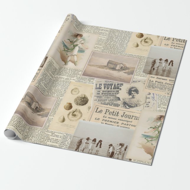 Vintage French Seaside Collage Wrapping Paper (Unrolled)