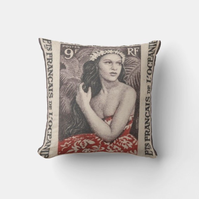 Vintage French South Pacific travel Throw Pillow (Front)