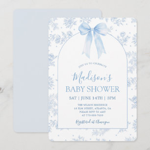Vintage French Toile Blue Bow Floral Baby Shower Invitation