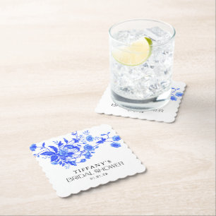 Vintage French Toile Blue Floral Bridal Shower Paper Coaster