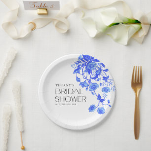 Vintage French Toile Blue Floral Bridal Shower Paper Plate