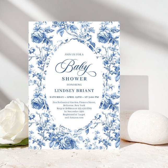 Vintage French Toile Blue Rose Baby Shower Invite (Vintage French Toile Blue Rose Baby Shower Invite)