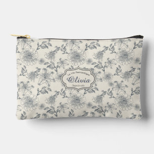 Vintage French Toile Botanical Bird Personalized  Accessory Pouch