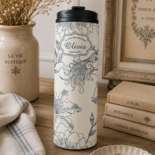 Vintage French Toile Botanical Bird Personalized Thermal Tumbler