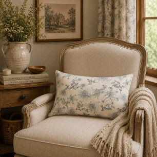 Vintage French Toile Botanical Bird Rustic Country Lumbar Pillow
