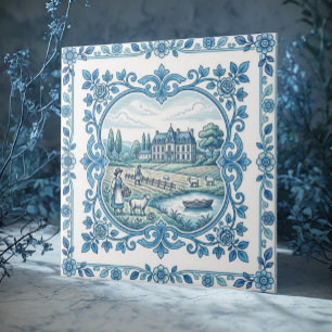 Vintage French Toile De Jouy Vintage Floral Blue Tile