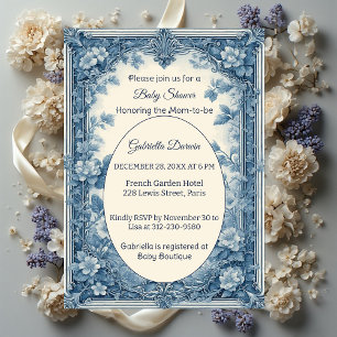 Vintage French Toile Soft Blue Baby Shower Floral Invitation