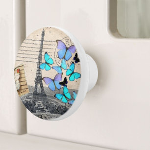 Vintage French Travel Butterfly Paris Eiffel Tower Ceramic Knob
