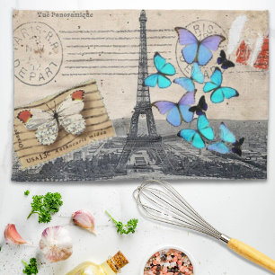 Vintage French Travel Butterfly Paris Eiffel Tower Kitchen Towel