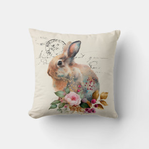Vintage French watercolour rabbit and flowers Throw Pillow