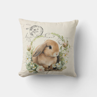 Vintage French watercolour rabbit and flowers Throw Pillow