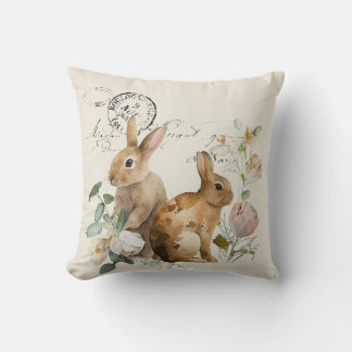 Vintage French watercolour rabbits with roses Throw Pillow