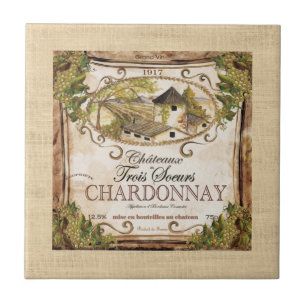 Vintage French Wine Label Burlap Tile