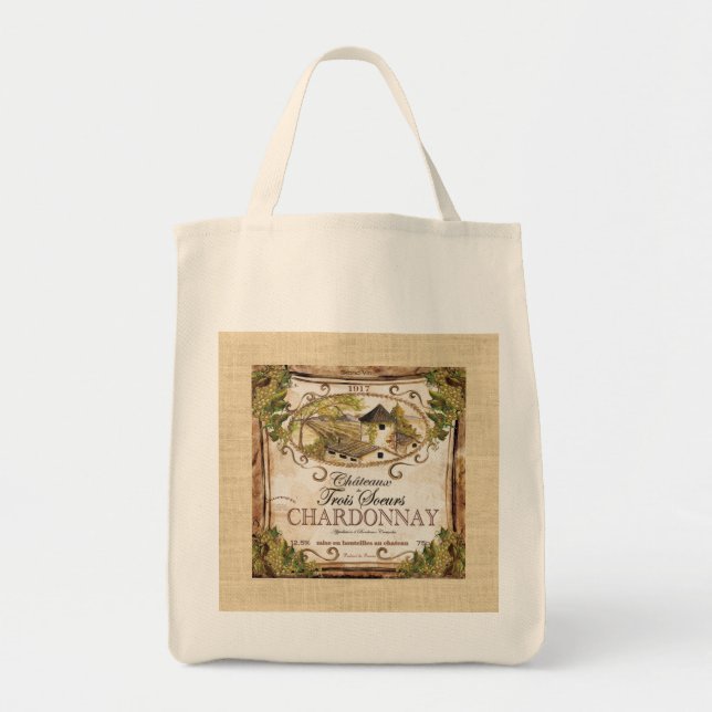 Vintage French Wine Label Burlap   Tote Bag (Front)