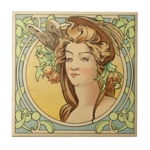 Vintage French Woman Art Nouveau Ceramic Tile