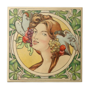 Vintage French Woman Art Nouveau Ceramic Tile