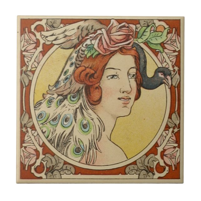 Vintage French Woman Red Art Nouveau Tile (Front)