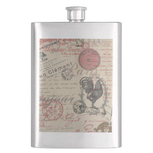 Vintage French Writing Paris Rooster typography Hip Flask