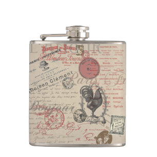 Vintage French Writing Paris Rooster typography Hip Flask