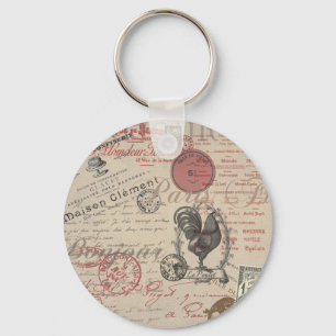 Vintage French Writing Paris Rooster typography Keychain