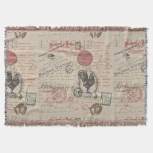 Vintage French Writing Paris Rooster typography Throw Blanket
