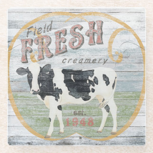 Vintage Fresh Creamery Cow Glass Coaster (Front)