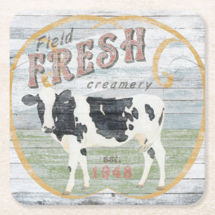 Vintage Fresh Creamery Cow Square Paper Coaster