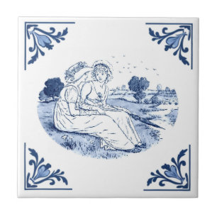 Vintage Friends Ladies Delft Corner Blue and White Tile
