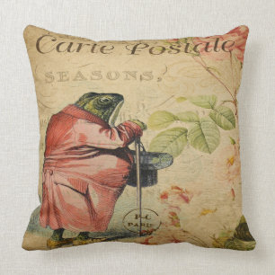 Vintage Frog Pillow/Carte Postale Throw Pillow