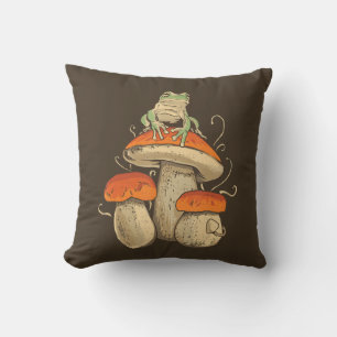 Vintage Frog With Mushrooms Cottagecore Throw Pillow