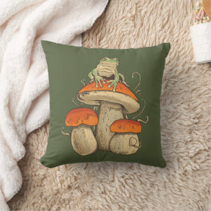 Vintage Frog With Mushrooms Cottagecore Throw Pillow