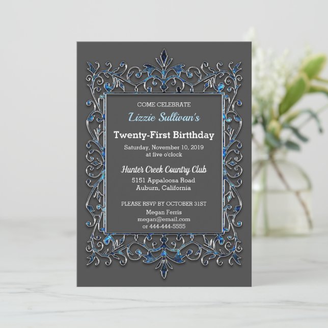 Vintage frontière glitzy Invitation d'anniversaire (Debout devant)