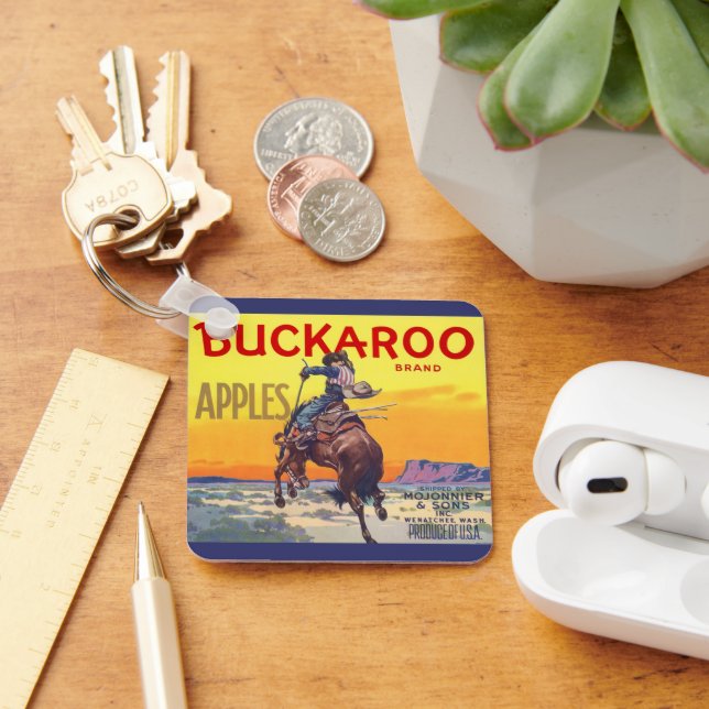 Vintage Fruit Crate Label Art, Buckaroo Apples Keychain (Desk)