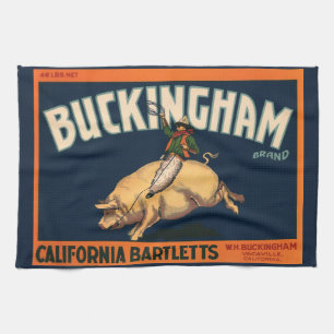 Vintage Fruit Crate Label Art Cowboy on Pig Rodeo Kitchen Towel