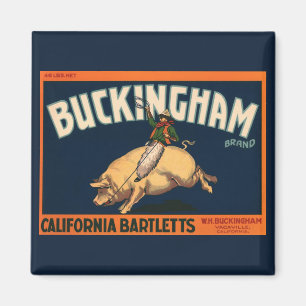 Vintage Fruit Crate Label Art Cowboy on Pig Rodeo Magnet