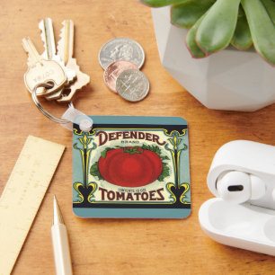 Vintage Fruit Crate Label Art, Defender Tomatoes Keychain