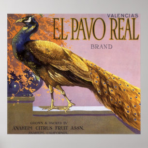 Vintage Fruit Crate Label Art El Pavo Peacock Bird Poster