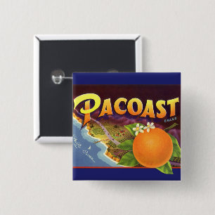 Vintage Fruit Crate Label Art, Pacoast Oranges 2 Inch Square Button