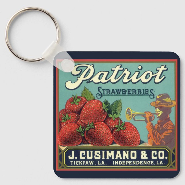 Vintage Fruit Crate Label Art Patriot Strawberries Keychain (Front)