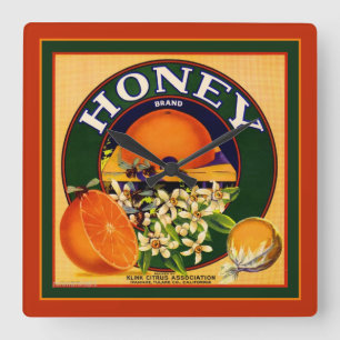 Vintage  Fruit Label Oranges Square Wall Clock