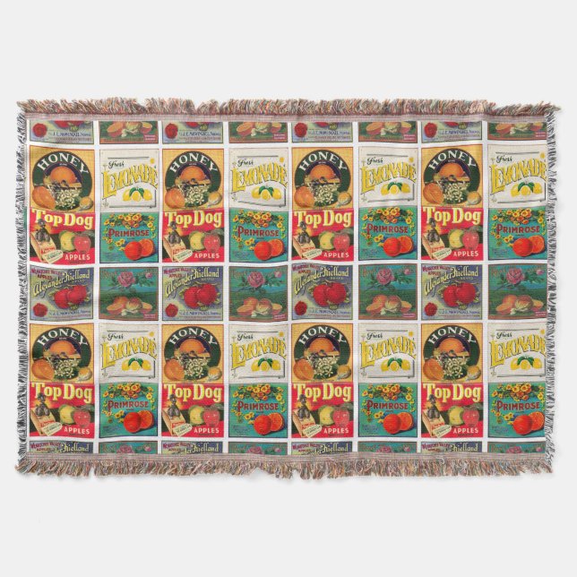Vintage Fruit Label Pattern Throw Blanket (Front)