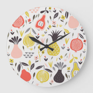 Vintage fruits, flowers: seamless pattern. large clock