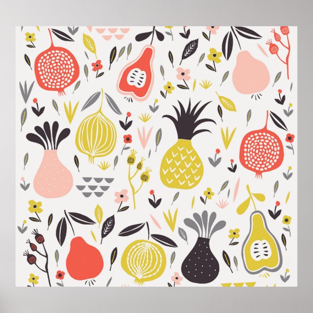 Vintage fruits, flowers: seamless pattern. poster (Front)